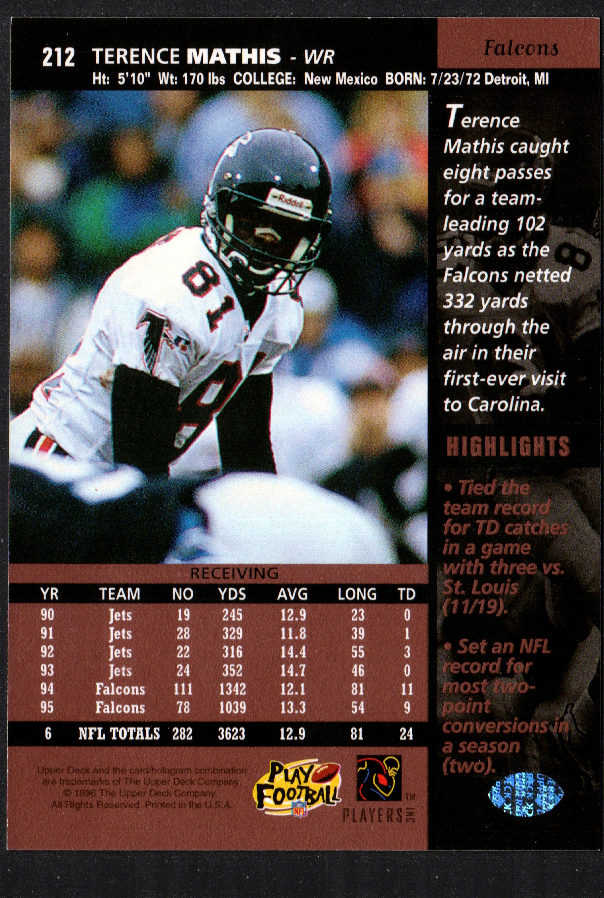 1996 Upper Deck trading card featuring Terance Mathis in Atlanta Falcons uniform, card number 212.