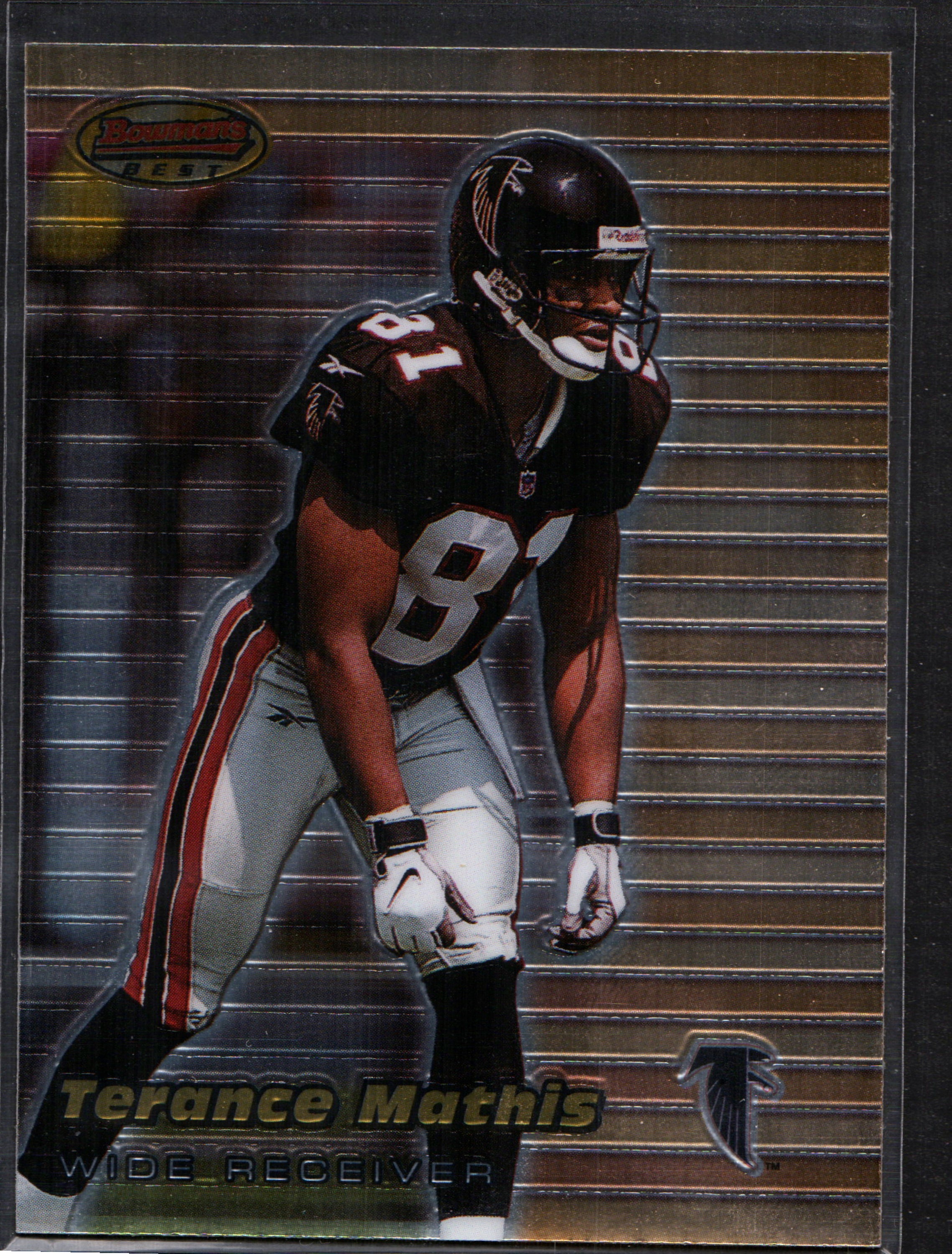 1999 Bowman's Best trading card featuring Terance Mathis of the Atlanta Falcons, showcasing vibrant colors and detailed design.