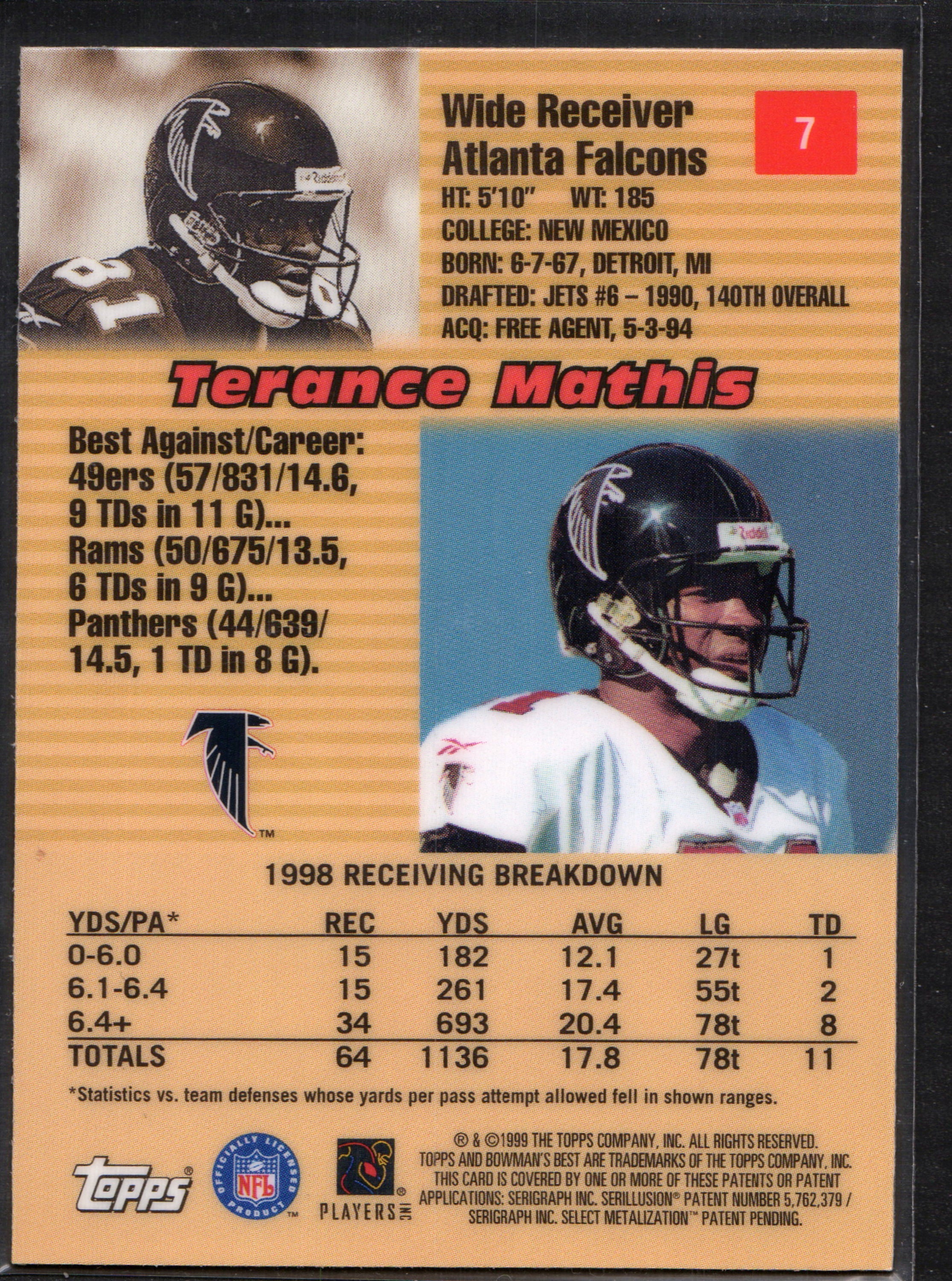 1999 Bowman's Best trading card featuring Terance Mathis of the Atlanta Falcons, showcasing vibrant colors and detailed design.