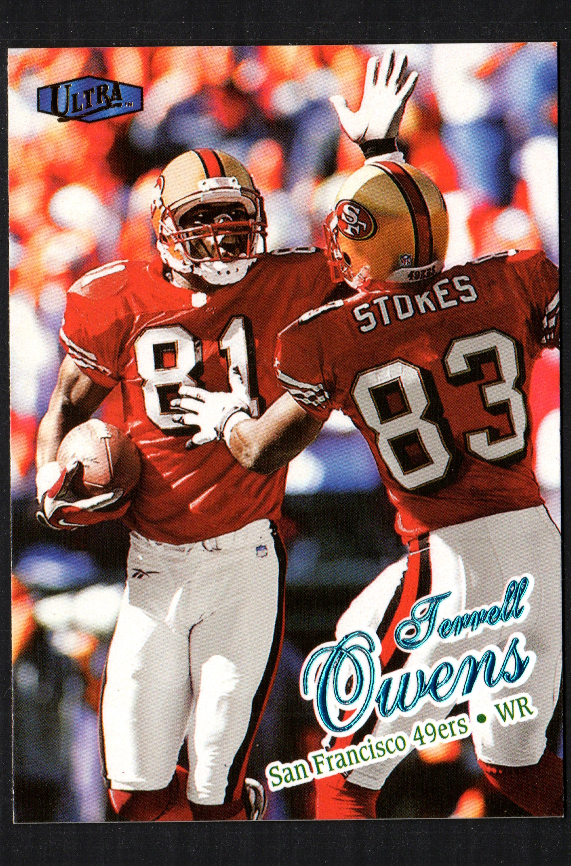 Terrell Owens trading card from 1998 Fleer Ultra featuring him in San Francisco 49ers uniform, card number 145.