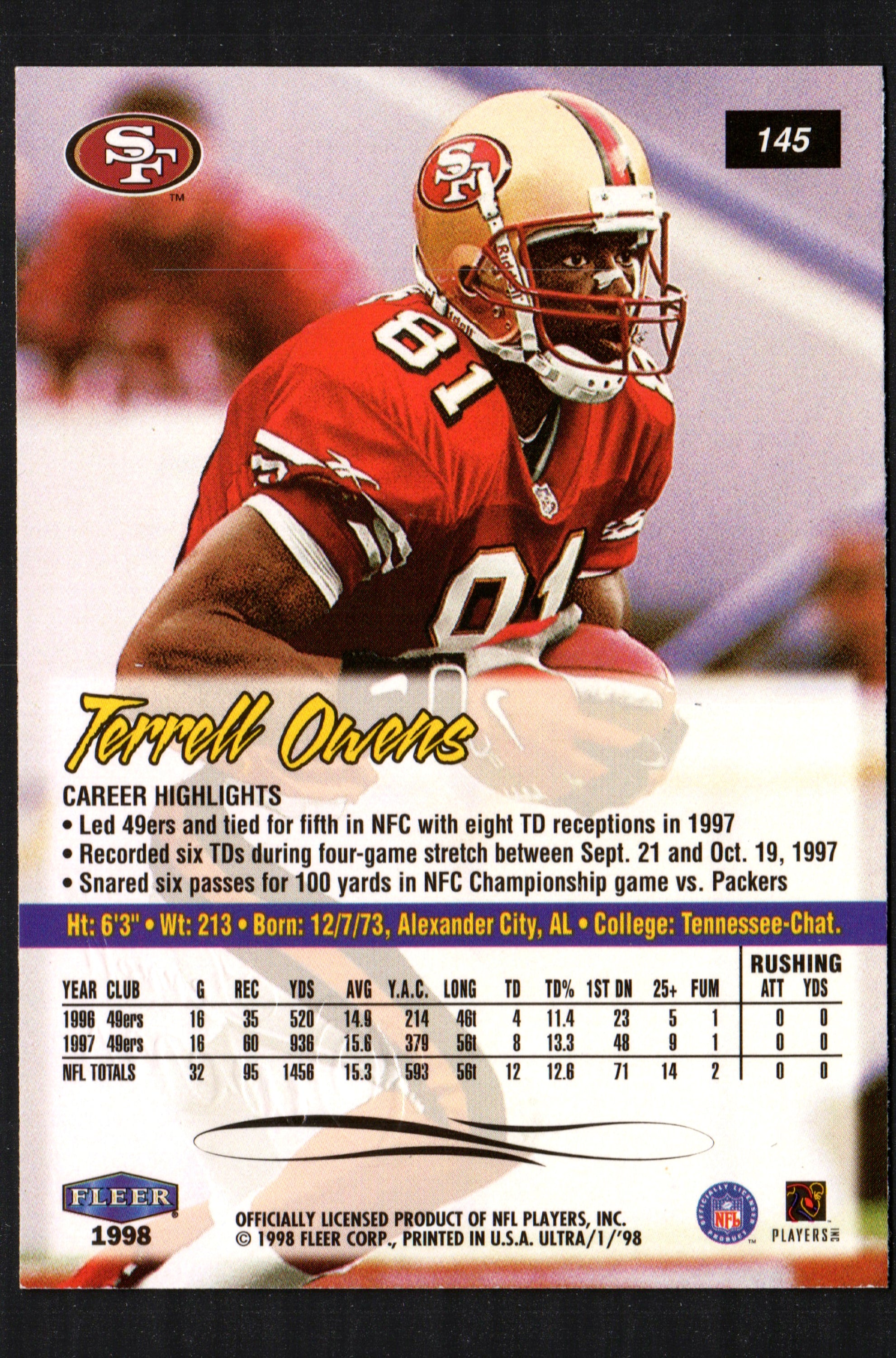 Terrell Owens trading card from 1998 Fleer Ultra featuring him in San Francisco 49ers uniform, card number 145.