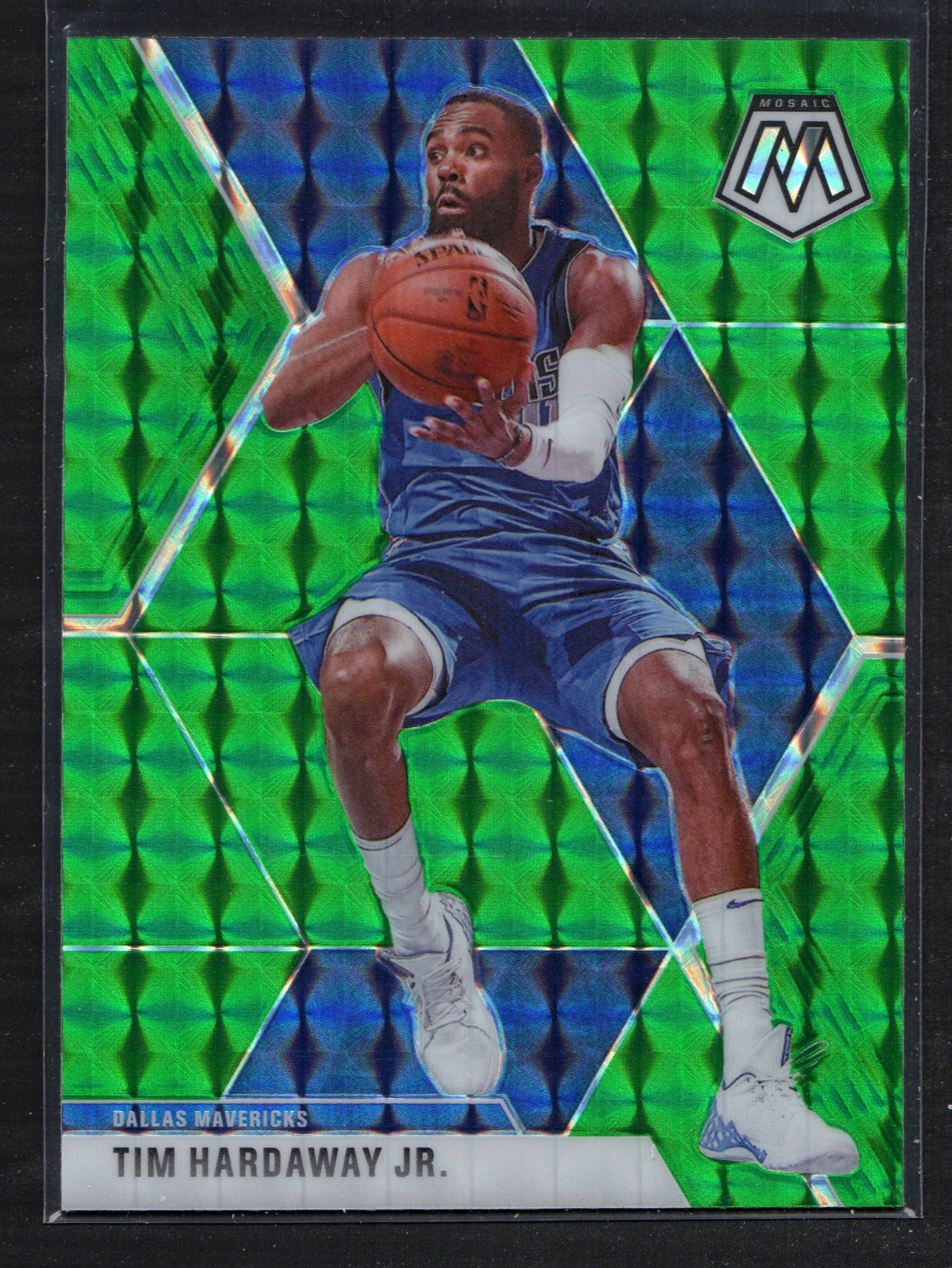 Tim Hardaway Jr. Dallas Mavericks #84 trading card from the 2019-20 Mosaic Green series, showcasing vibrant colors and design.