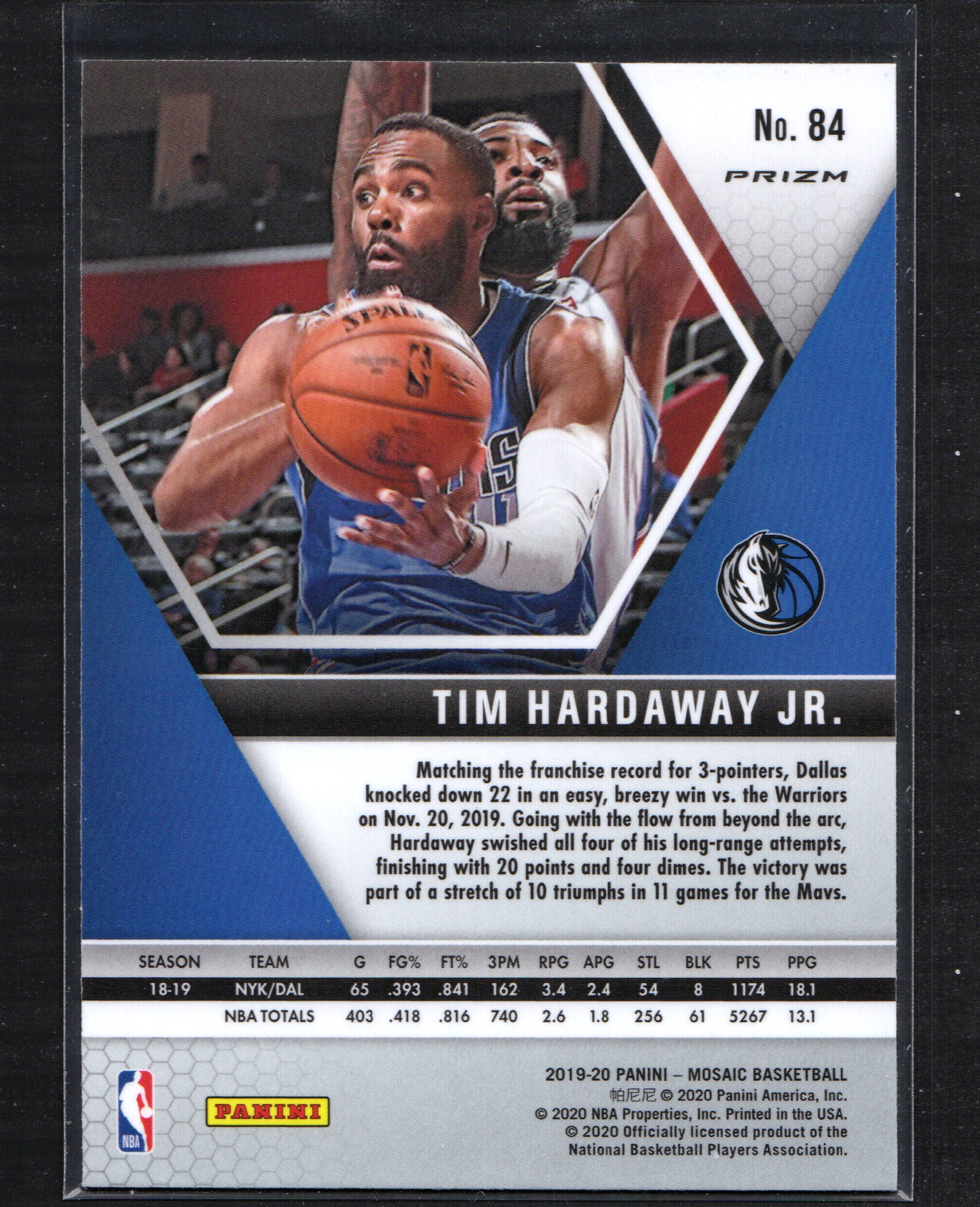 Tim Hardaway Jr. Dallas Mavericks #84 trading card from the 2019-20 Mosaic Green series, showcasing vibrant colors and design.