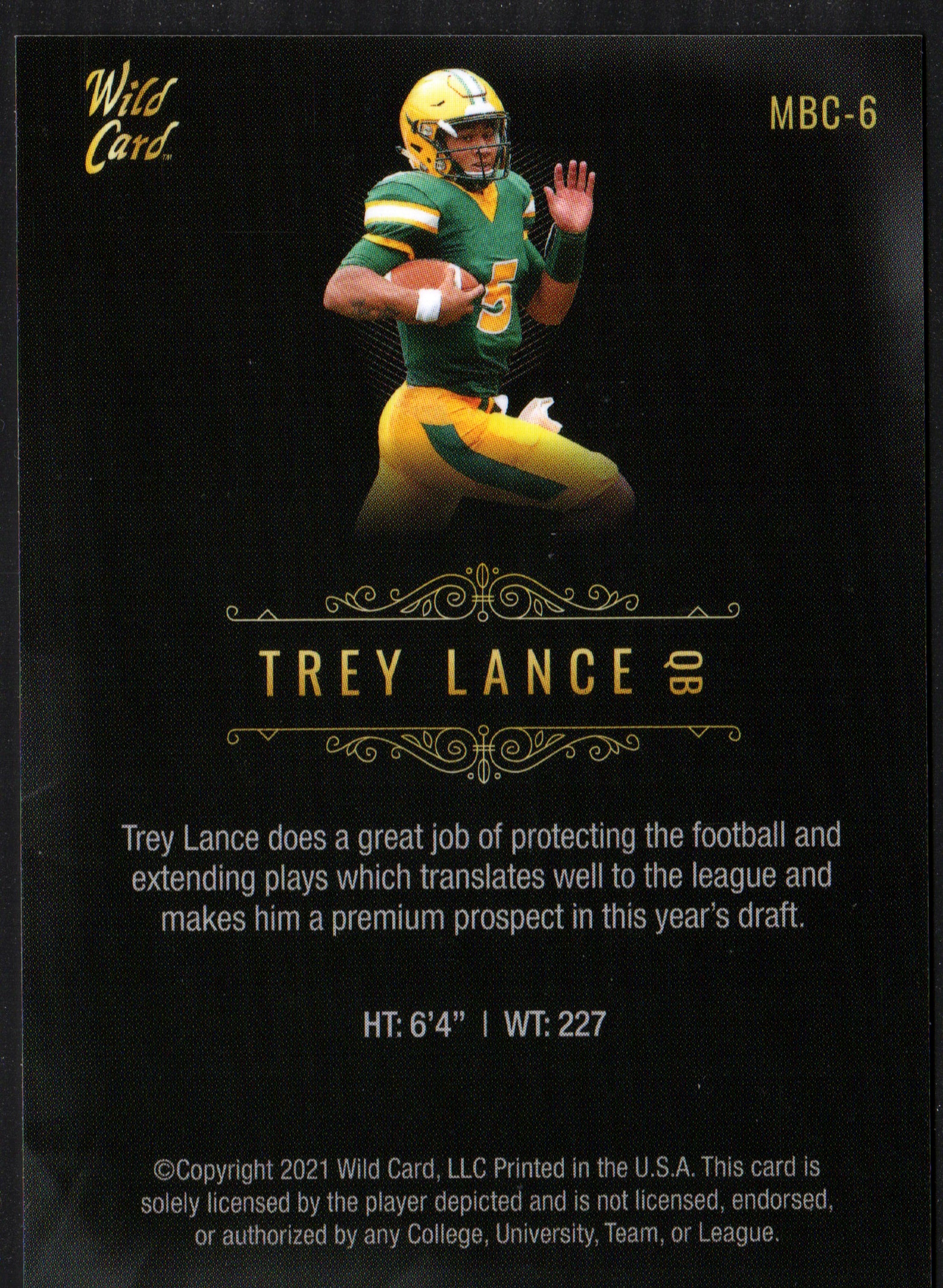 Trey Lance North Dakota State Bison rookie trading card MBC-6 from 2021 Wild Card set, featuring a black parallel design.