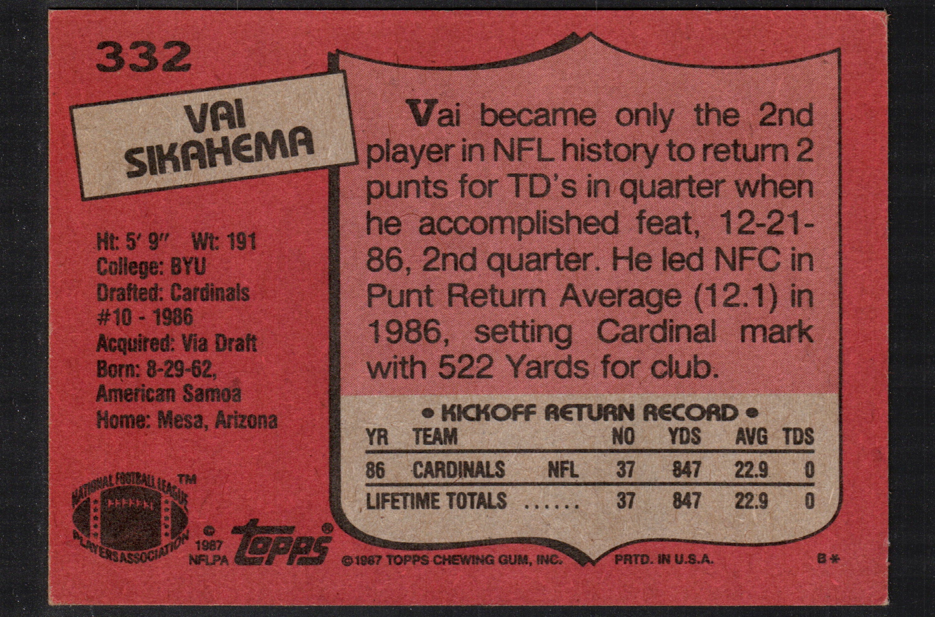 Vai Sikahema St. Louis Cardinals #332 trading card from 1987 Topps, featuring the player in his uniform with minor corner imperfections.