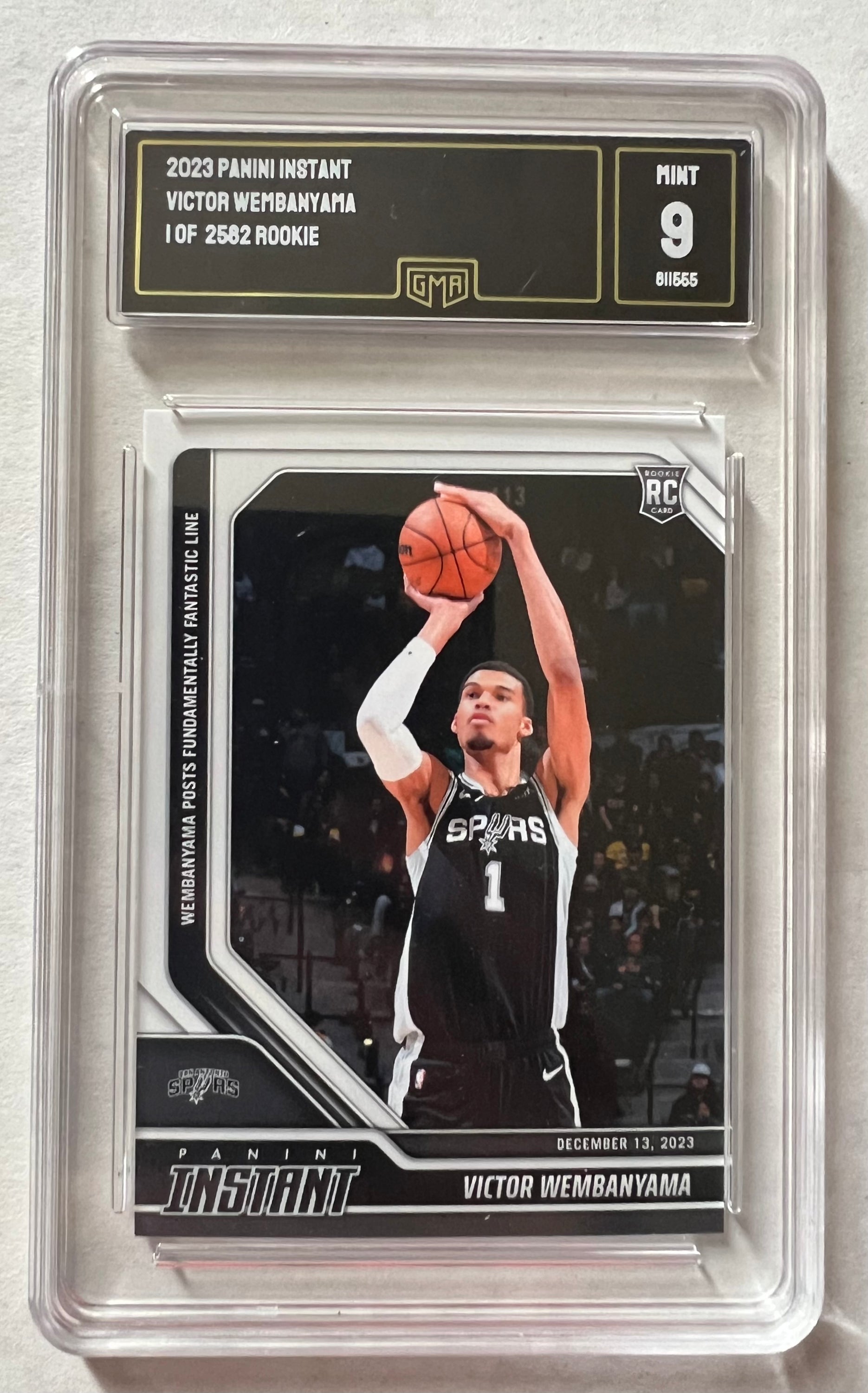 Victor Wembanyama San Antonio Spurs #162 trading card from 2023-24 Panini Instant, graded 9 by GMA.