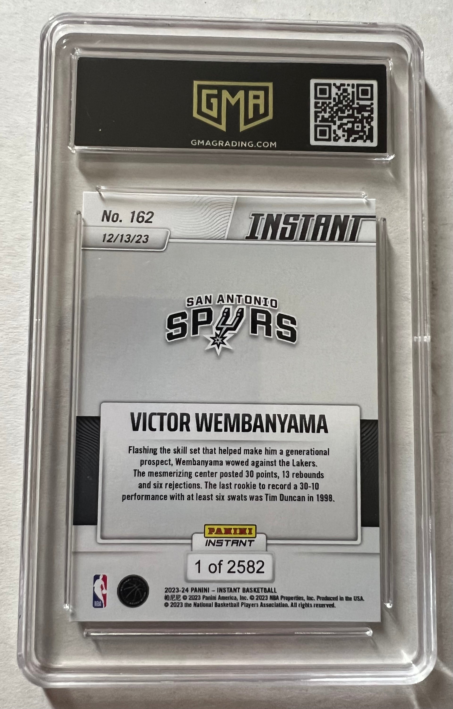 Victor Wembanyama San Antonio Spurs #162 trading card from 2023-24 Panini Instant, graded 9 by GMA.