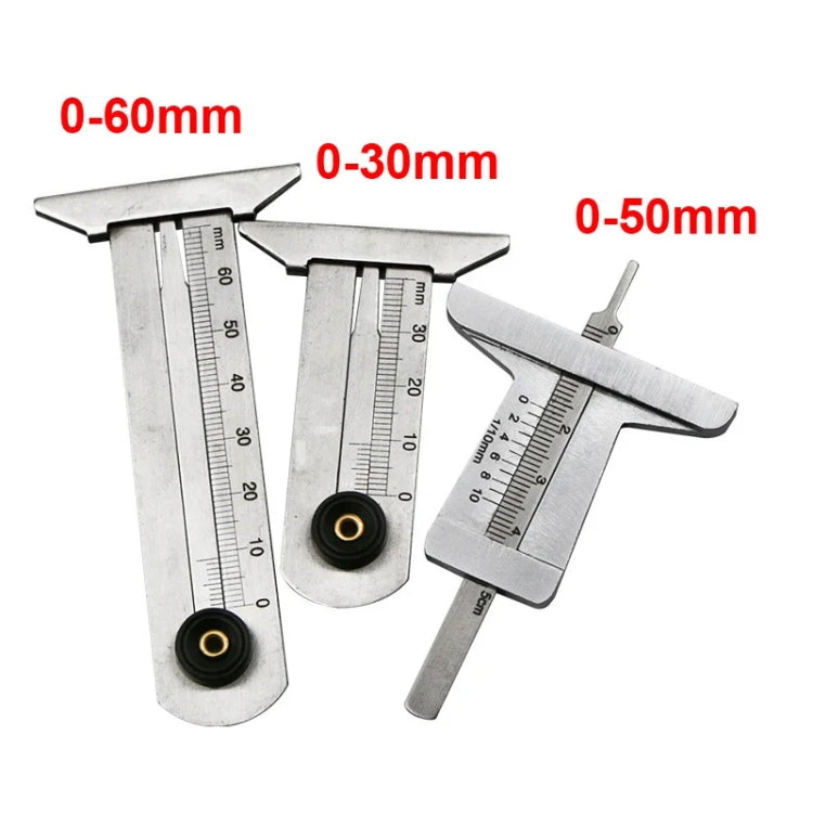 0-30mm Stainless Steel Tire Tread Vernier Depth Gauge with clear laser markings for accurate measurement.