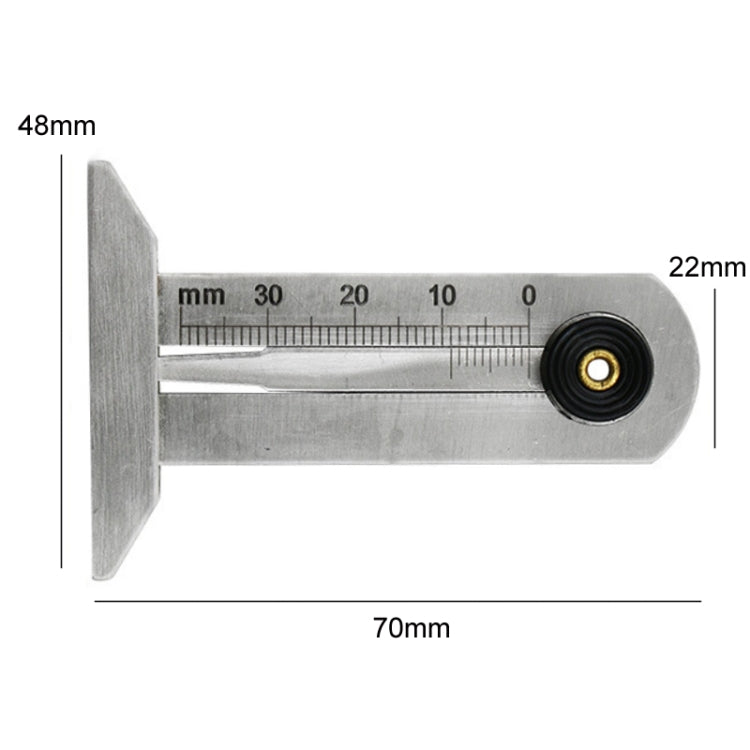 0-30mm Stainless Steel Tire Tread Vernier Depth Gauge with clear laser markings for accurate measurement.