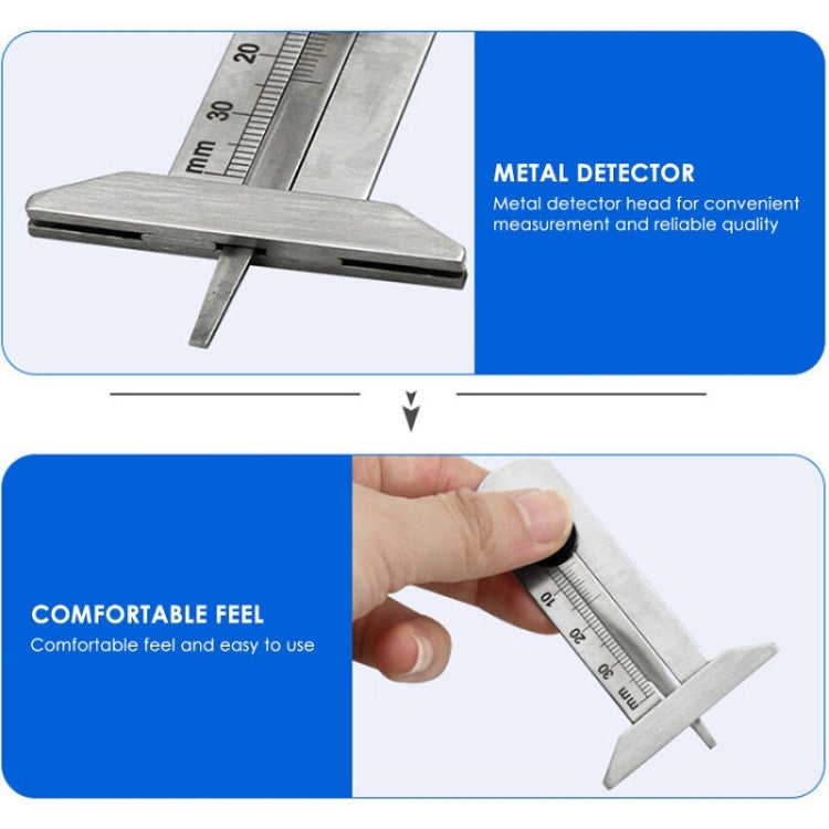 0-30mm Stainless Steel Tire Tread Vernier Depth Gauge with clear laser markings for accurate measurement.