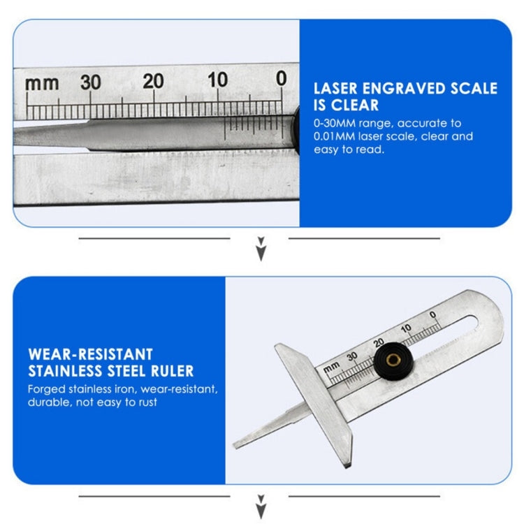 0-30mm Stainless Steel Tire Tread Vernier Depth Gauge with clear laser markings for accurate measurement.