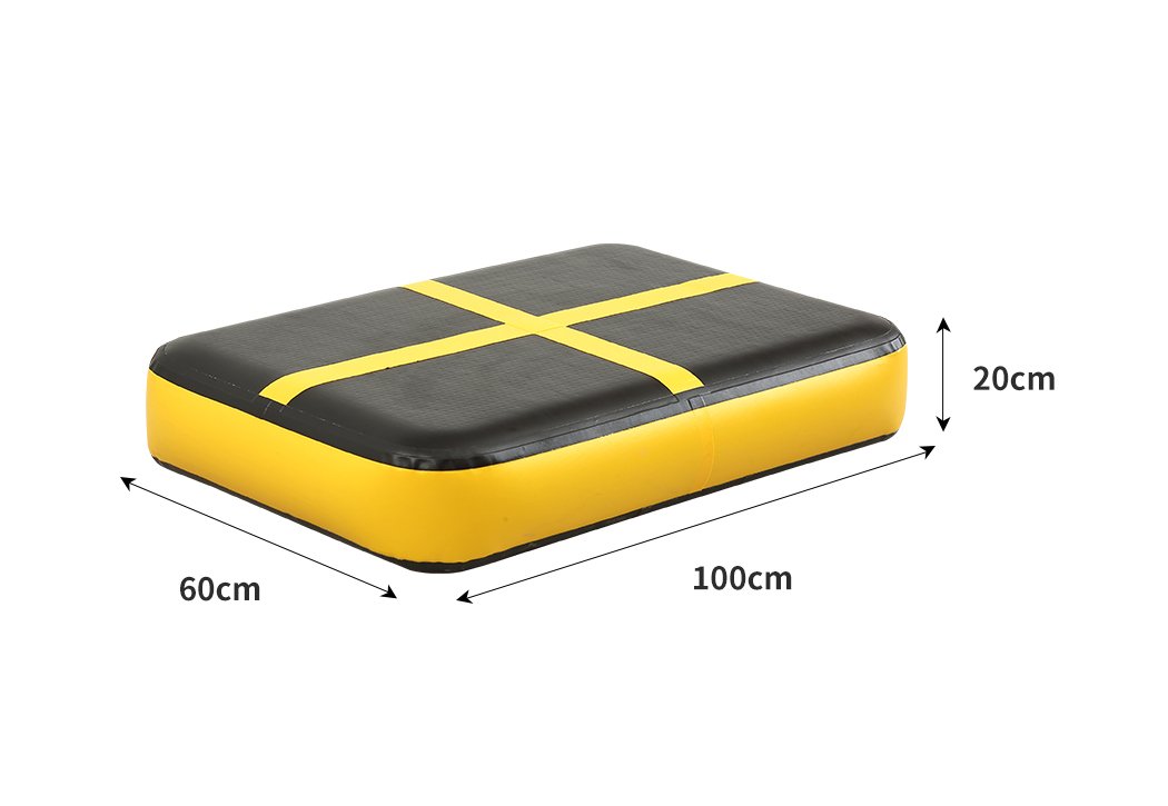 0.6M X1M inflatable air track mat in yellow and black, designed for gymnastics and cheerleading training.