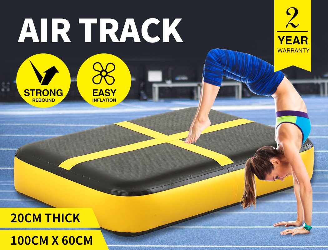 0.6M X1M inflatable air track mat in yellow and black, designed for gymnastics and cheerleading training.