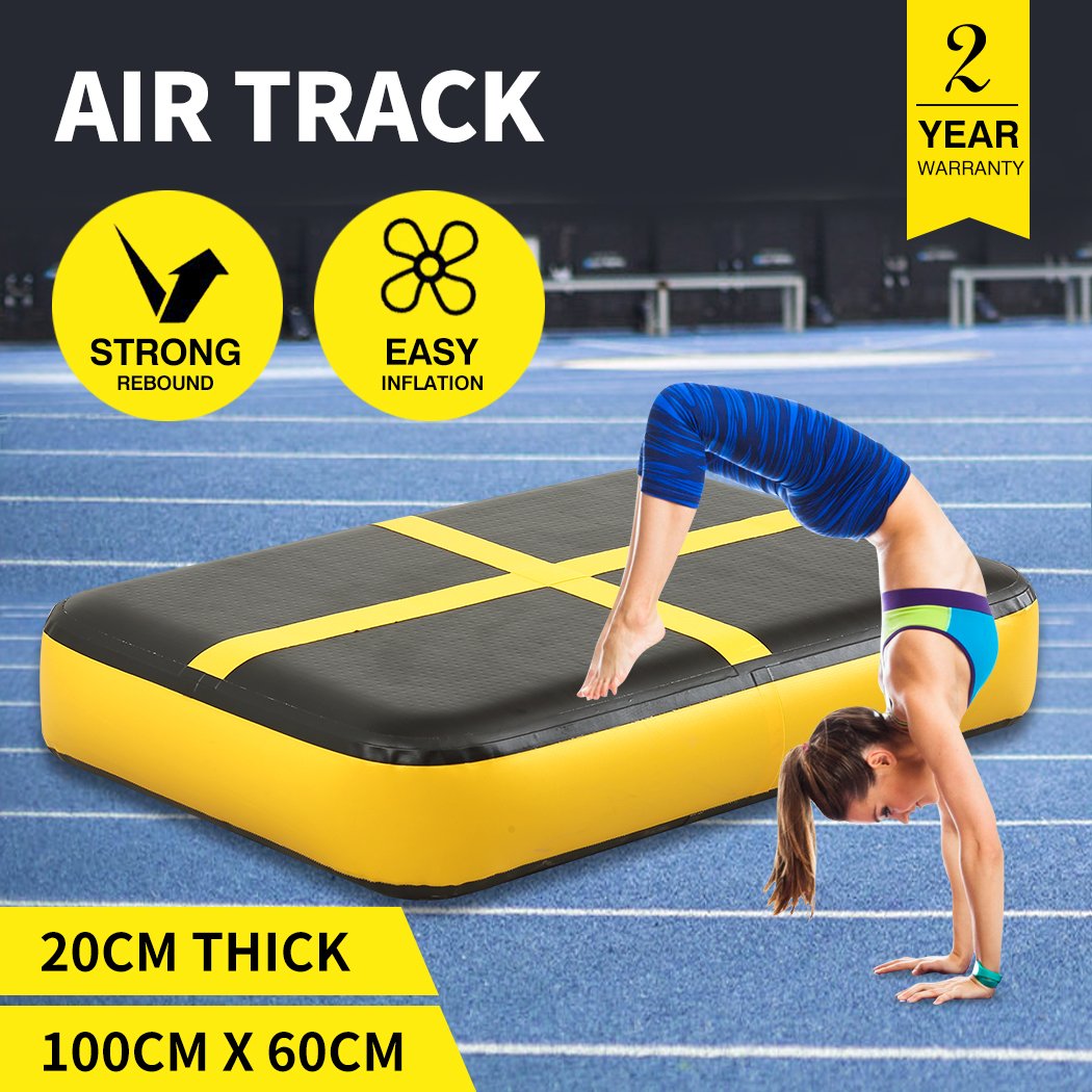 0.6M X1M inflatable air track mat in yellow and black, designed for gymnastics and cheerleading training.