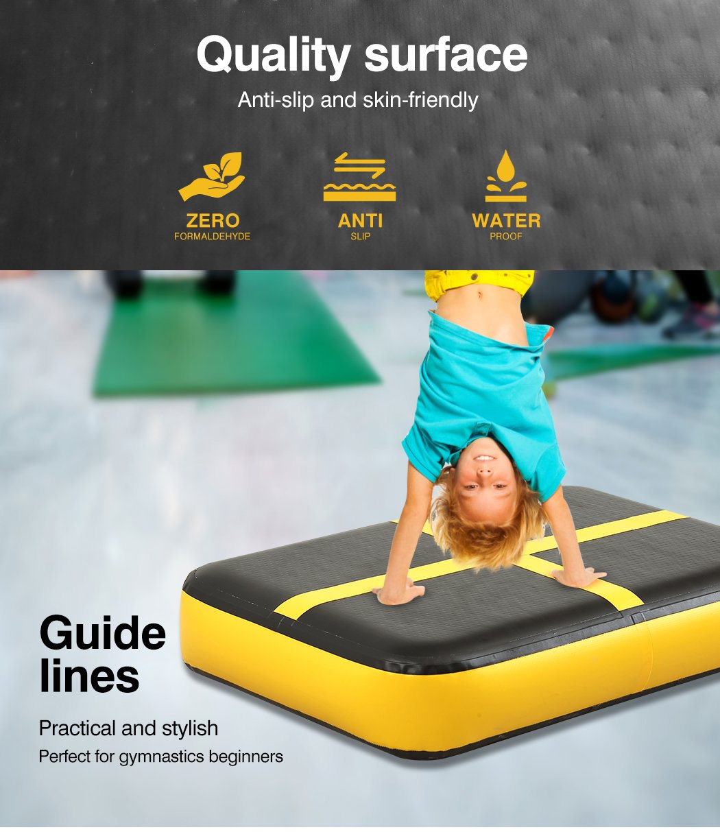 0.6M X1M inflatable air track mat in yellow and black, designed for gymnastics and cheerleading training.