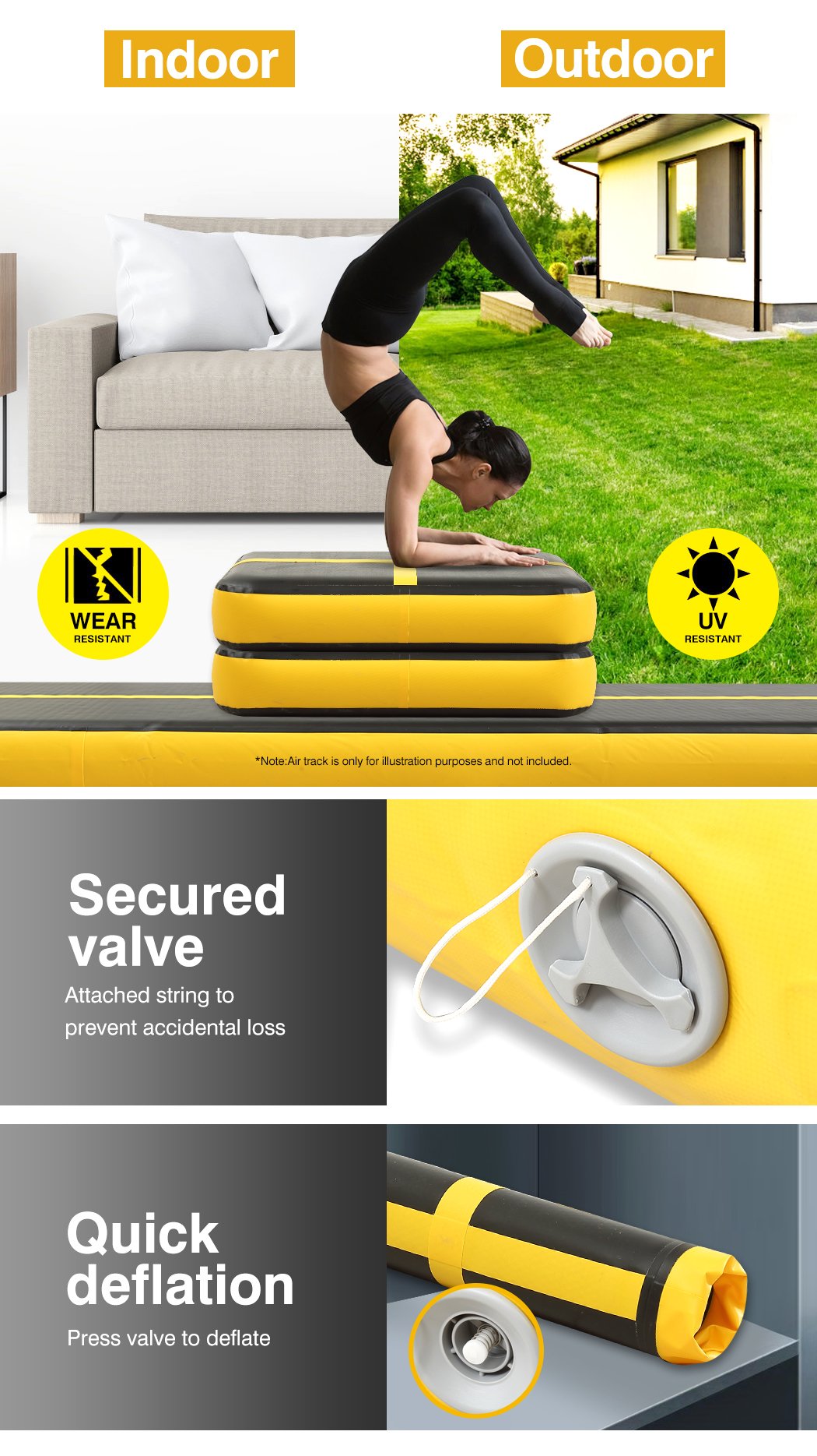 0.6M X1M inflatable air track mat in yellow and black, designed for gymnastics and cheerleading training.