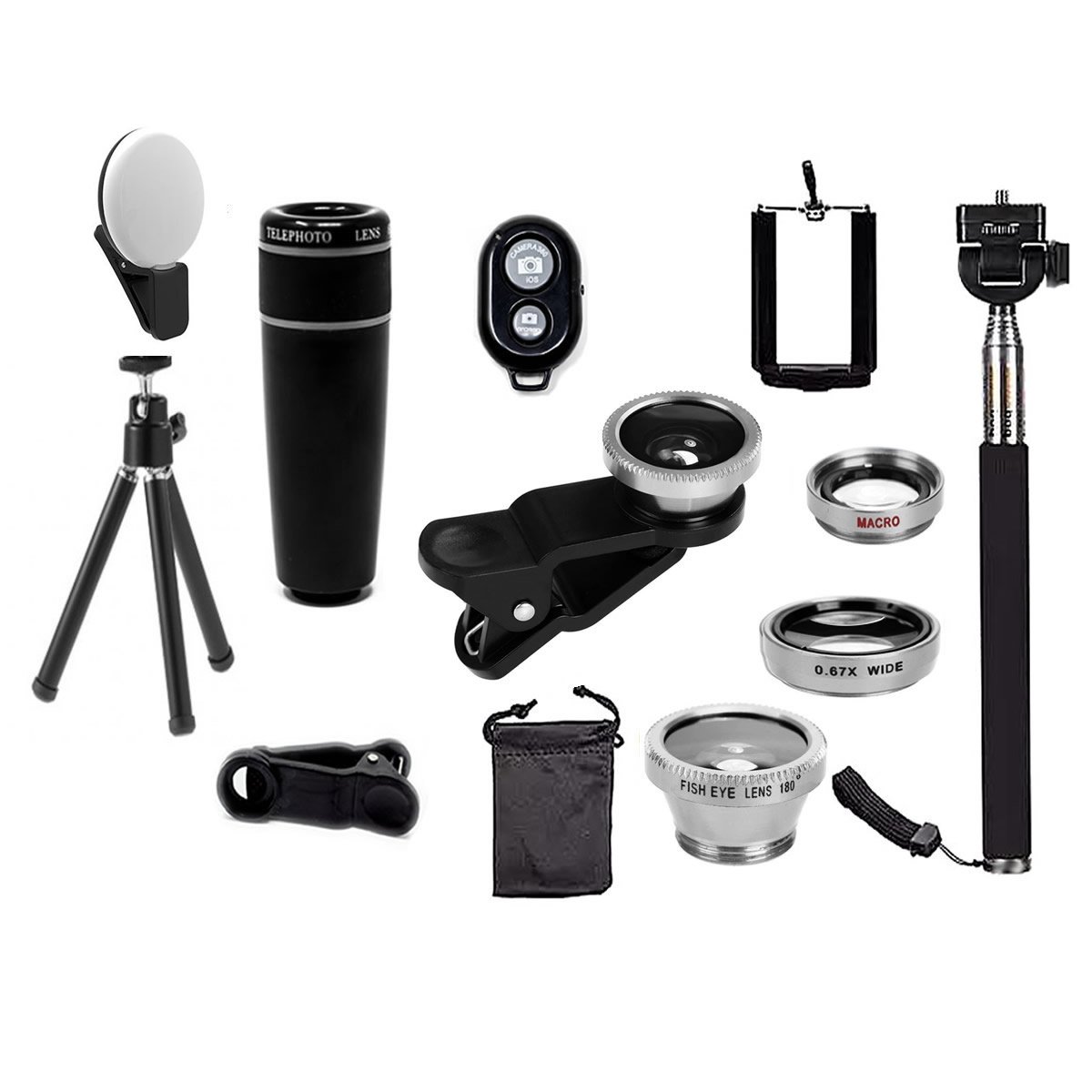 11 in 1 Smartphone Camera Lens Kit including various lenses, selfie light, selfie stick, and carrying case, designed for enhanced smartphone photography.