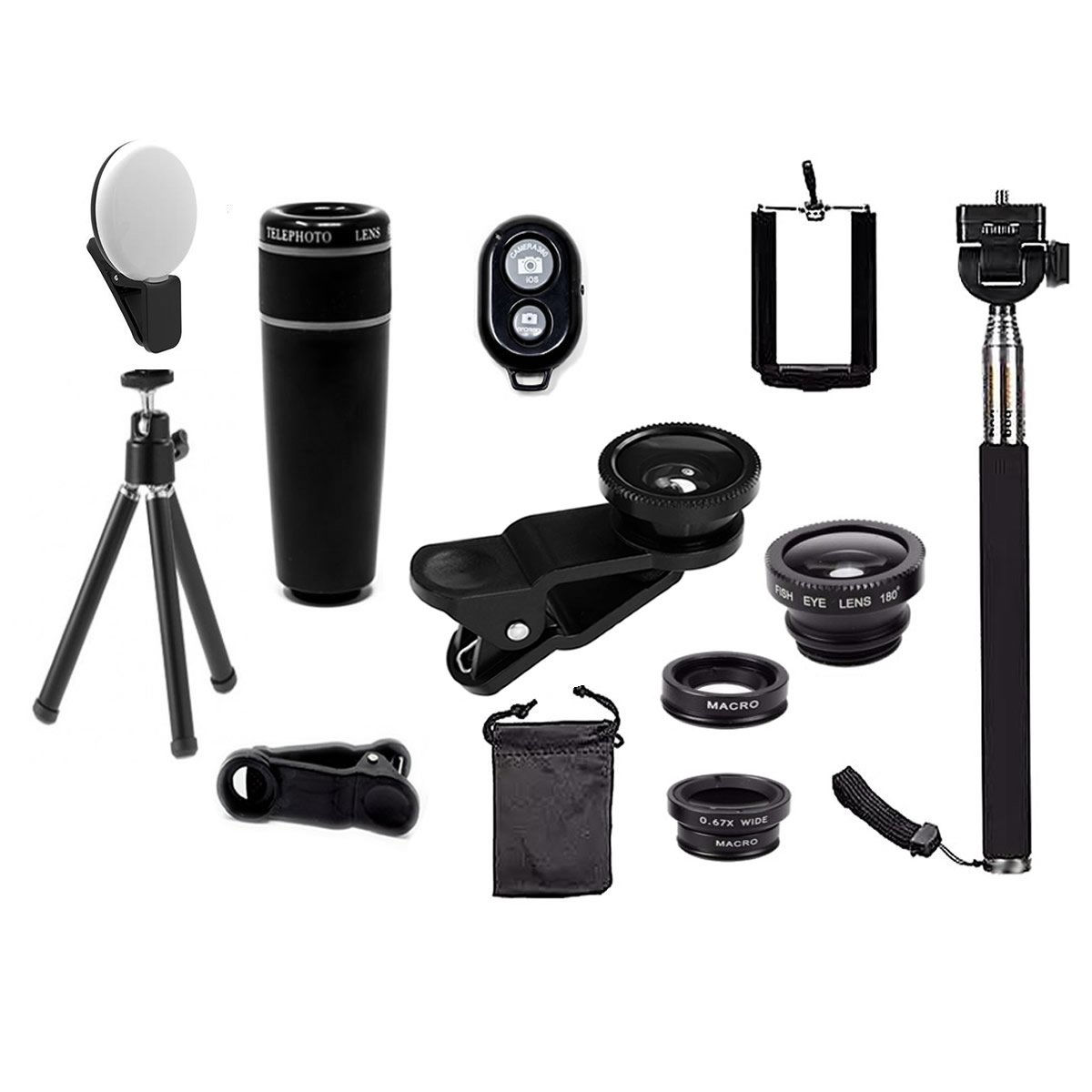 11 in 1 Smartphone Camera Lens Kit including various lenses, selfie light, selfie stick, and carrying case, designed for enhanced smartphone photography.