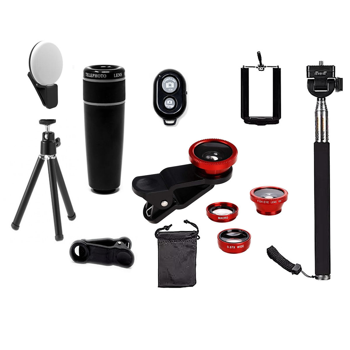 11 in 1 Smartphone Camera Lens Kit including various lenses, selfie light, selfie stick, and carrying case, designed for enhanced smartphone photography.