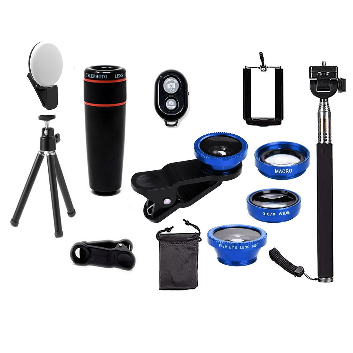 11 in 1 Smartphone Camera Lens Kit including various lenses, selfie light, selfie stick, and carrying case, designed for enhanced smartphone photography.