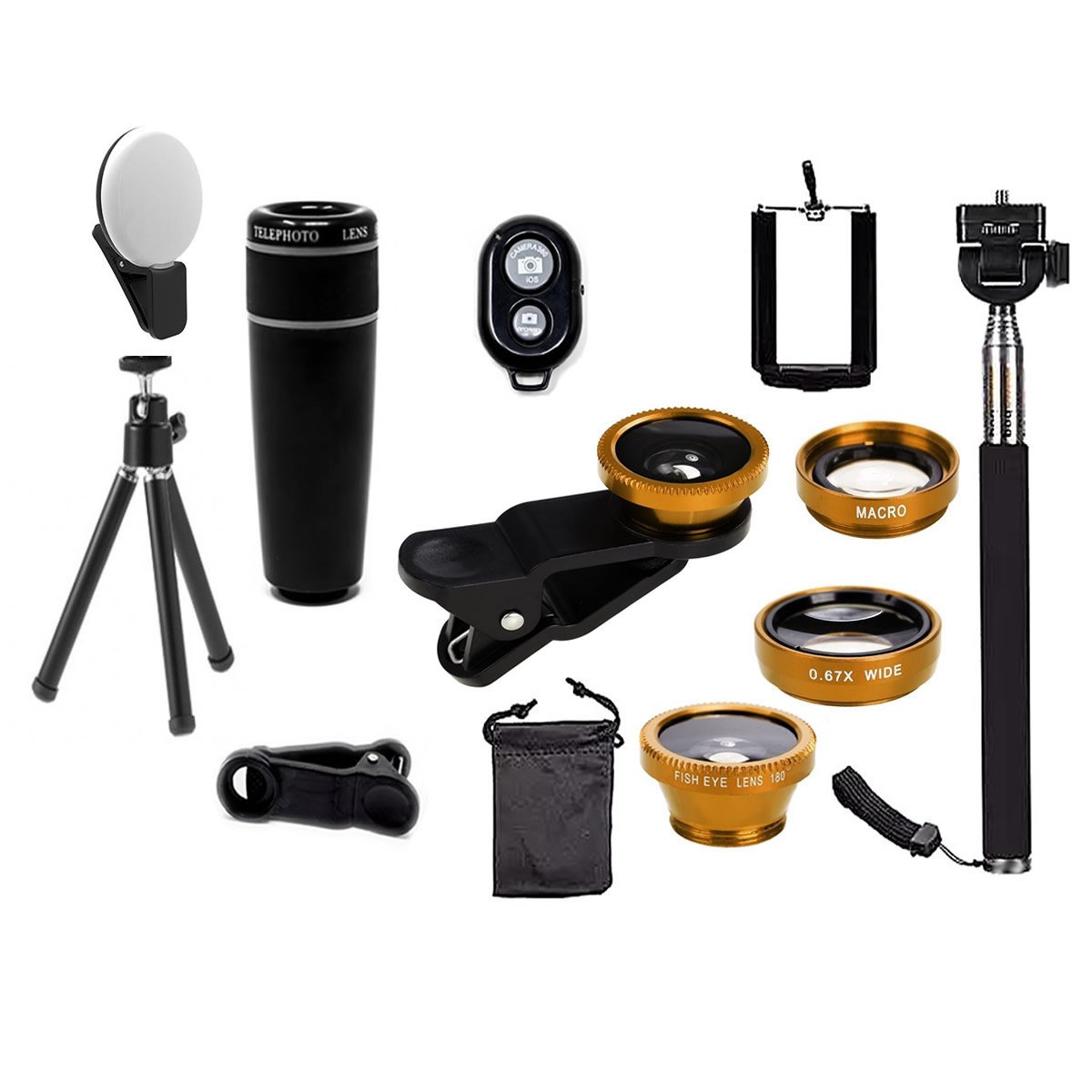 11 in 1 Smartphone Camera Lens Kit including various lenses, selfie light, selfie stick, and carrying case, designed for enhanced smartphone photography.