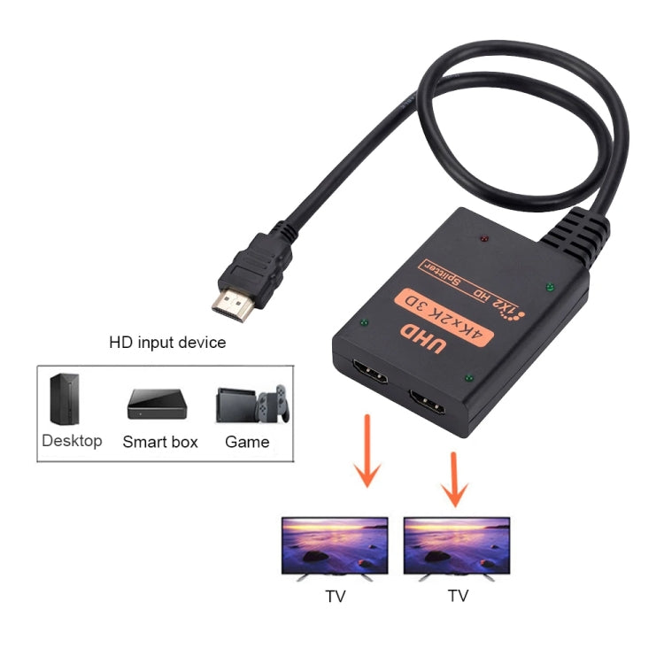 1 into 2 out HDMI 4K HD Video Splitter with power supply cord, showcasing its compact design and ports.