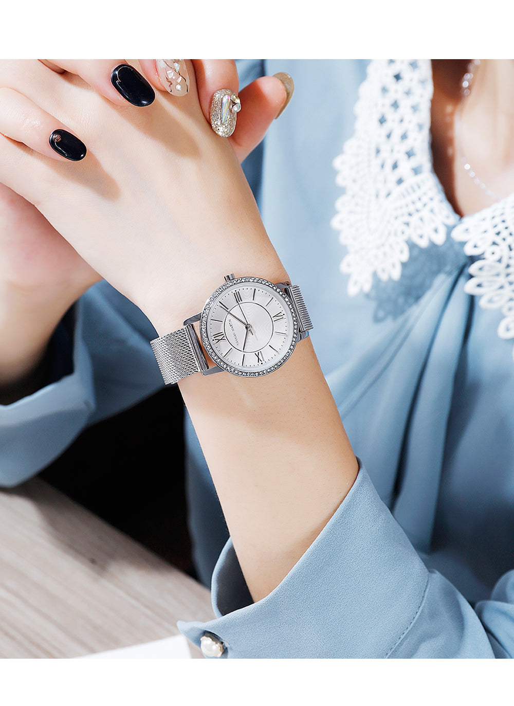 Elegant women's watch and bracelet set featuring rhinestones and a stylish design, perfect for casual and formal occasions.