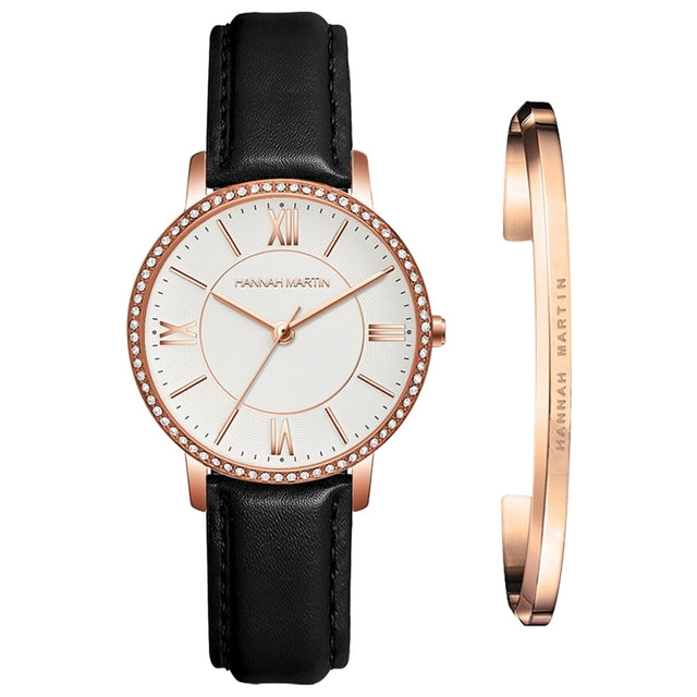 Elegant women's watch and bracelet set featuring rhinestones and a stylish design, perfect for casual and formal occasions.