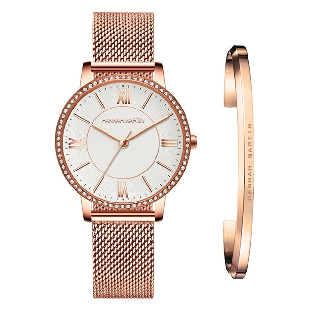 Elegant women's watch and bracelet set featuring rhinestones and a stylish design, perfect for casual and formal occasions.