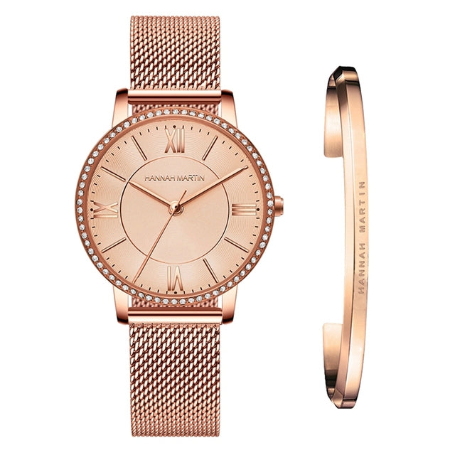 Elegant women's watch and bracelet set featuring rhinestones and a stylish design, perfect for casual and formal occasions.