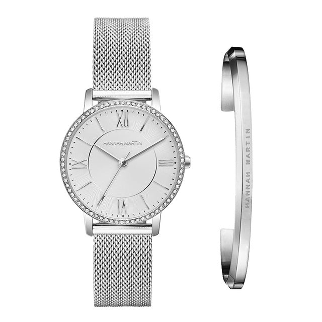 Elegant women's watch and bracelet set featuring rhinestones and a stylish design, perfect for casual and formal occasions.