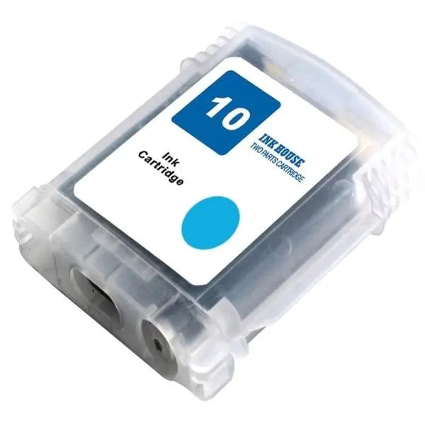 A #10 Cyan Compatible Inkjet Cartridge designed for HP printers, featuring a sleek design and a label indicating its 28 ml ink capacity.