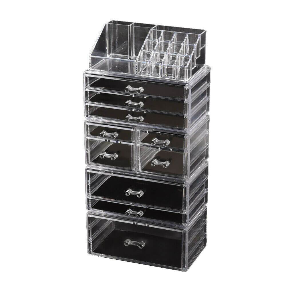 Clear acrylic 10 drawers cosmetic makeup organizer with jewelry storage, stylish and functional design for makeup enthusiasts.