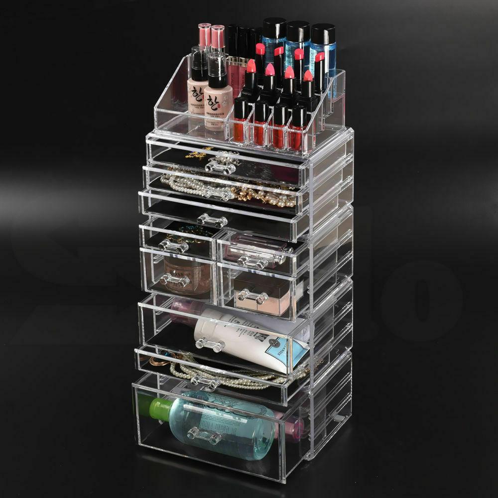 Clear acrylic 10 drawers cosmetic makeup organizer with jewelry storage, stylish and functional design for makeup enthusiasts.