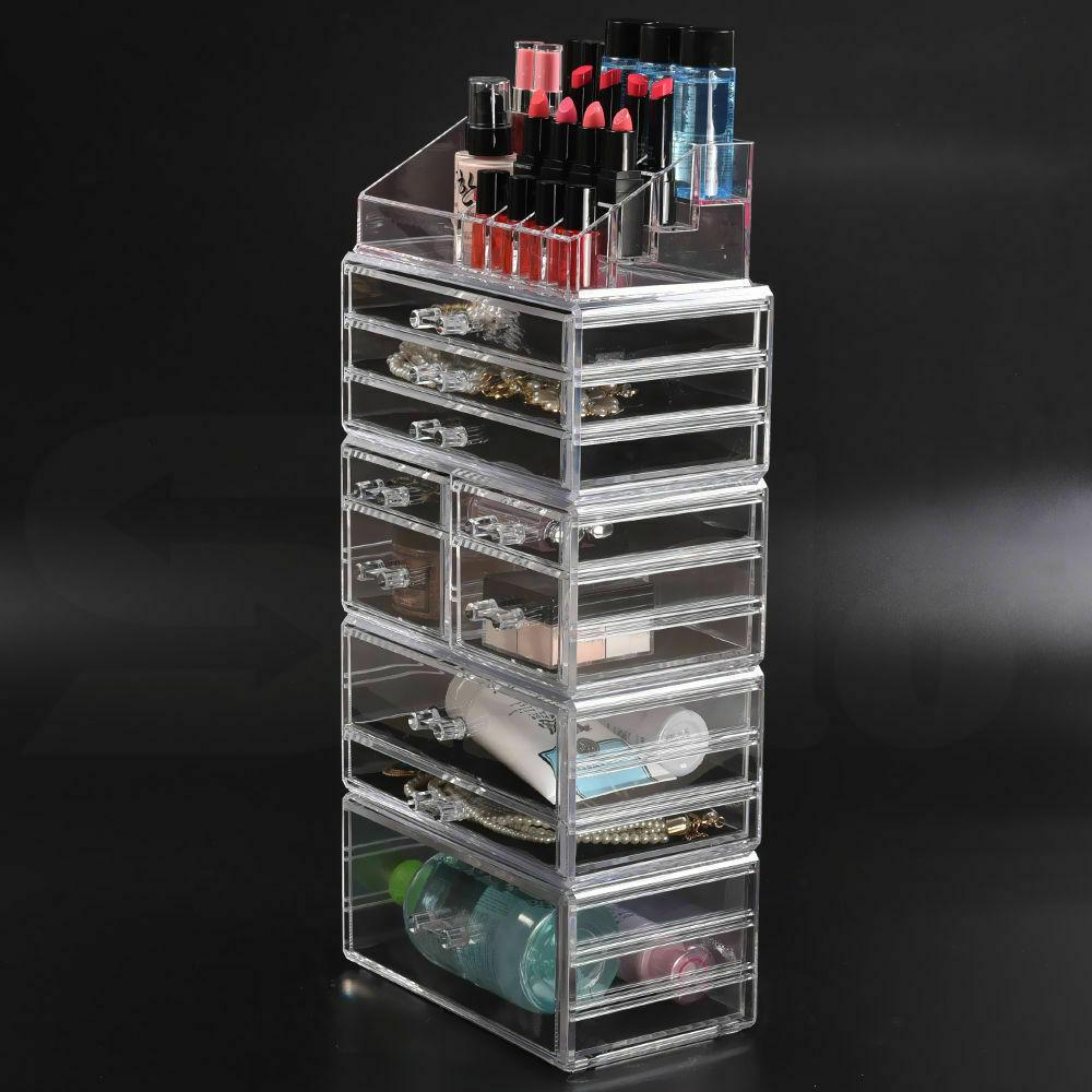 Clear acrylic 10 drawers cosmetic makeup organizer with jewelry storage, stylish and functional design for makeup enthusiasts.