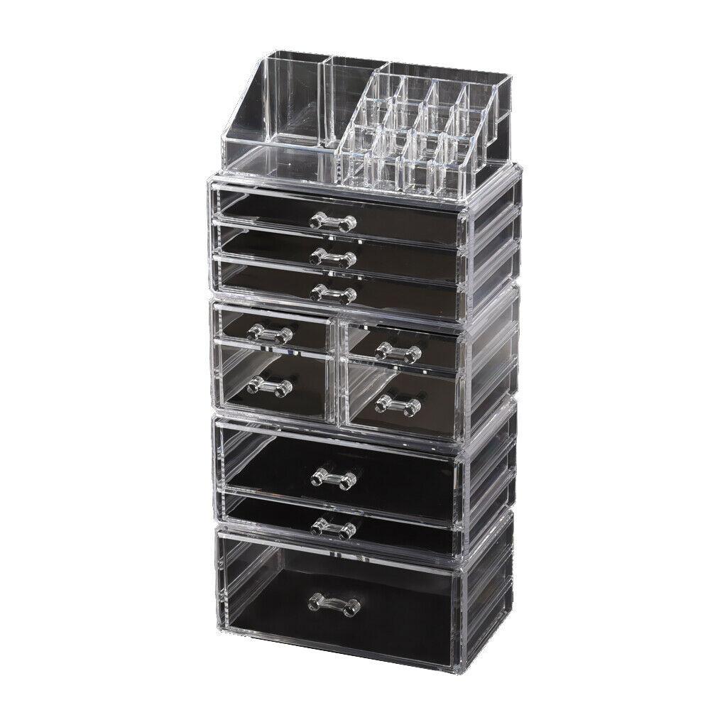 Clear acrylic 10 drawers cosmetic makeup organizer with jewelry storage, stylish and functional design for makeup enthusiasts.