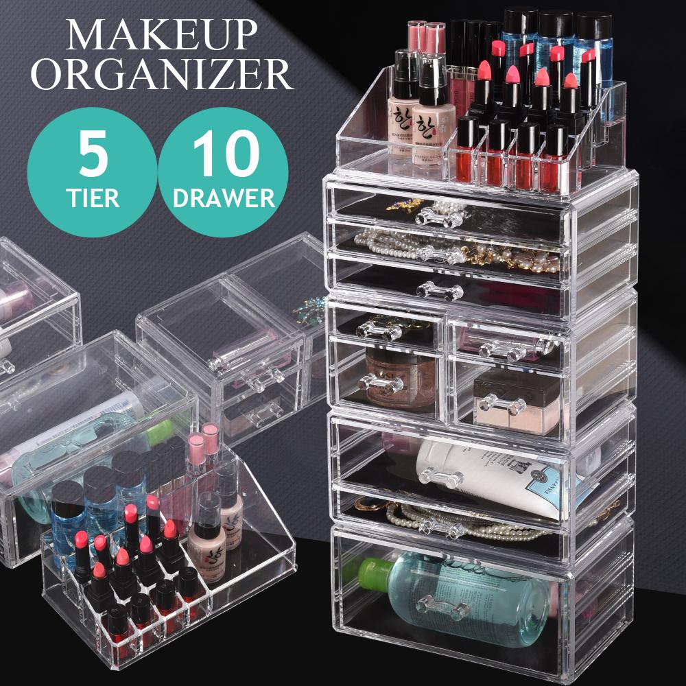 Clear acrylic 10 drawers cosmetic makeup organizer with jewelry storage, stylish and functional design for makeup enthusiasts.