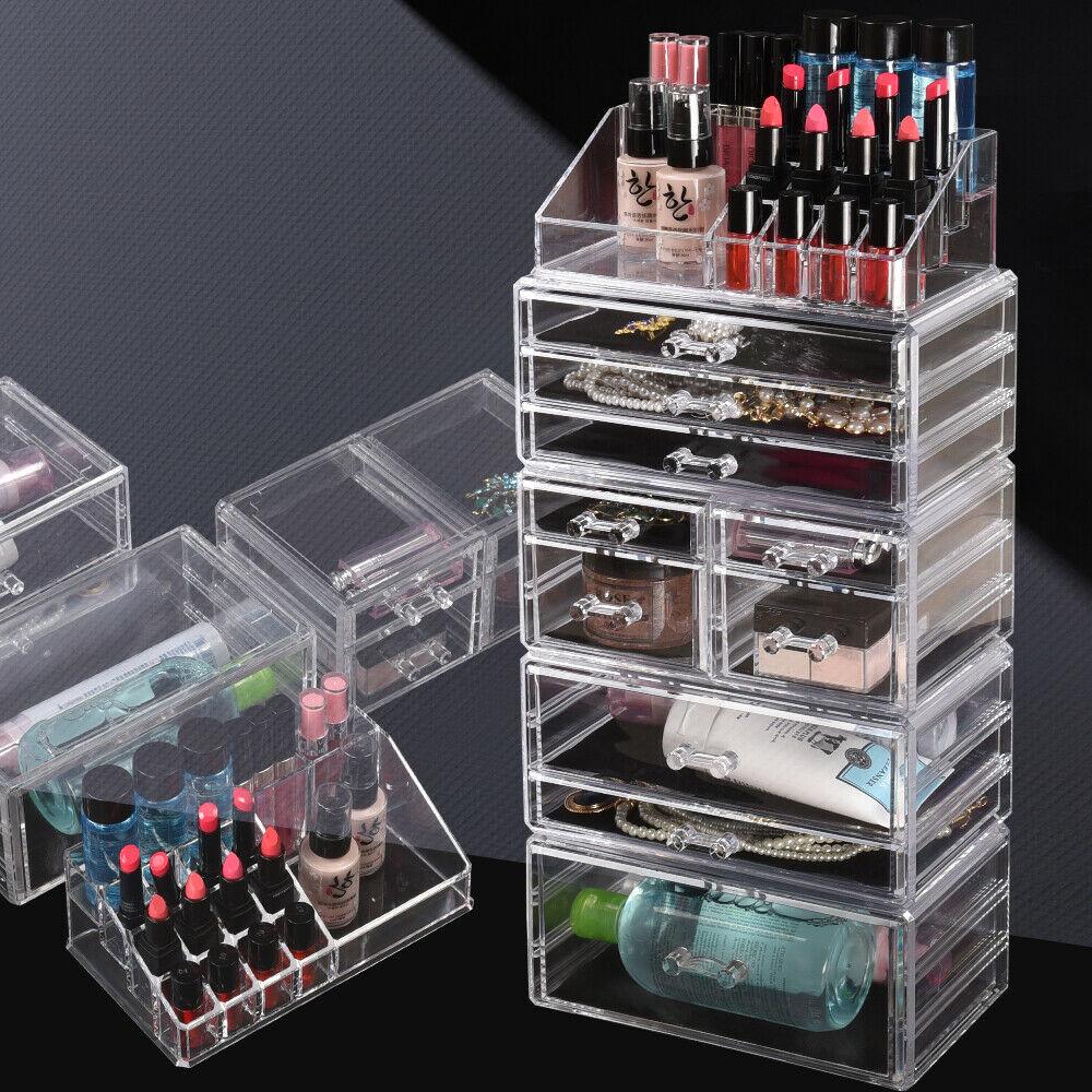 Clear acrylic 10 drawers cosmetic makeup organizer with jewelry storage, stylish and functional design for makeup enthusiasts.