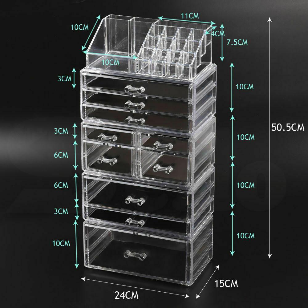 Clear acrylic 10 drawers cosmetic makeup organizer with jewelry storage, stylish and functional design for makeup enthusiasts.