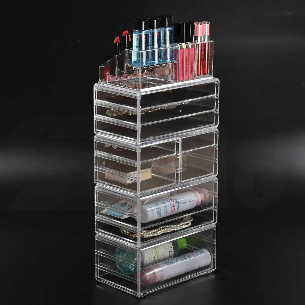 Clear acrylic 10 drawers cosmetic makeup organizer with jewelry storage, stylish and functional design for makeup enthusiasts.