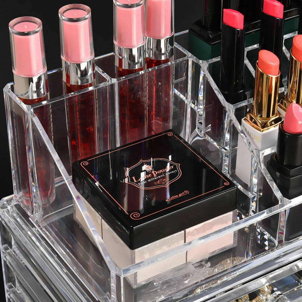 Clear acrylic 10 drawers cosmetic makeup organizer with jewelry storage, stylish and functional design for makeup enthusiasts.