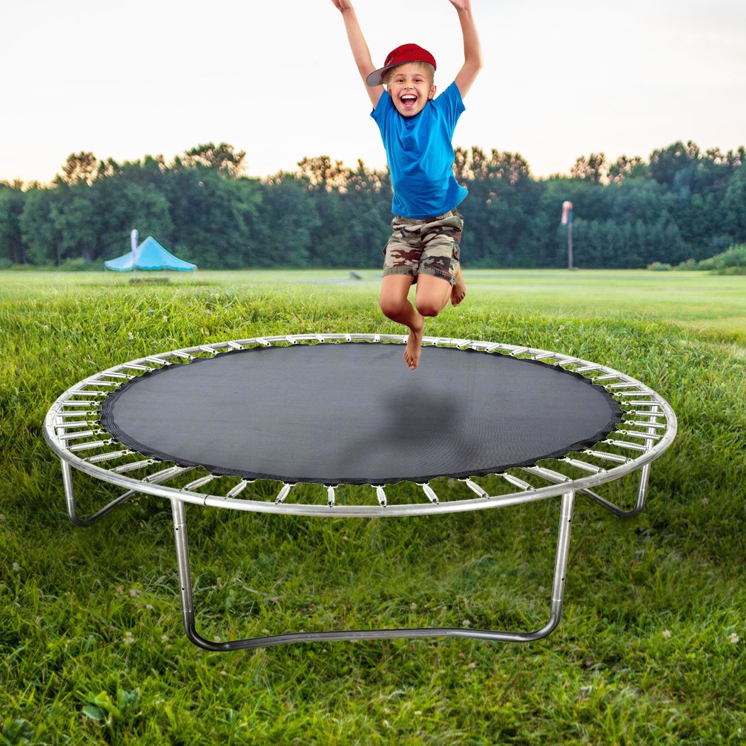 10 FT Kids Trampoline Pad Replacement Mat in black, showcasing its smooth surface and reinforced stitching for durability.