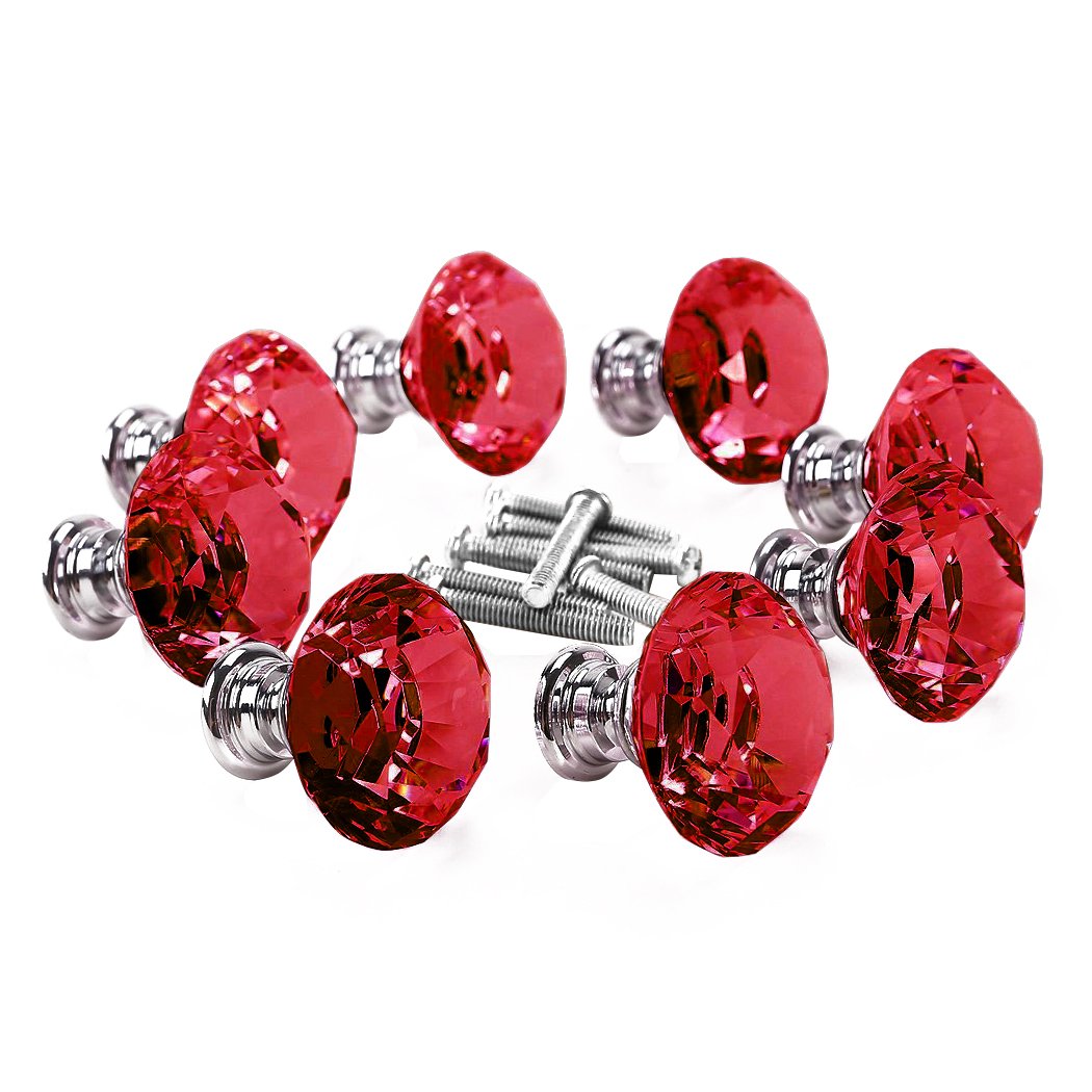 Set of 10 red diamond shape glass door knobs with screws, perfect for cabinets and drawers, showcasing elegant design and brilliant shine.