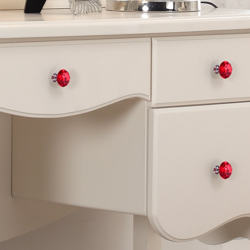 Set of 10 red diamond shape glass door knobs with screws, perfect for cabinets and drawers, showcasing elegant design and brilliant shine.