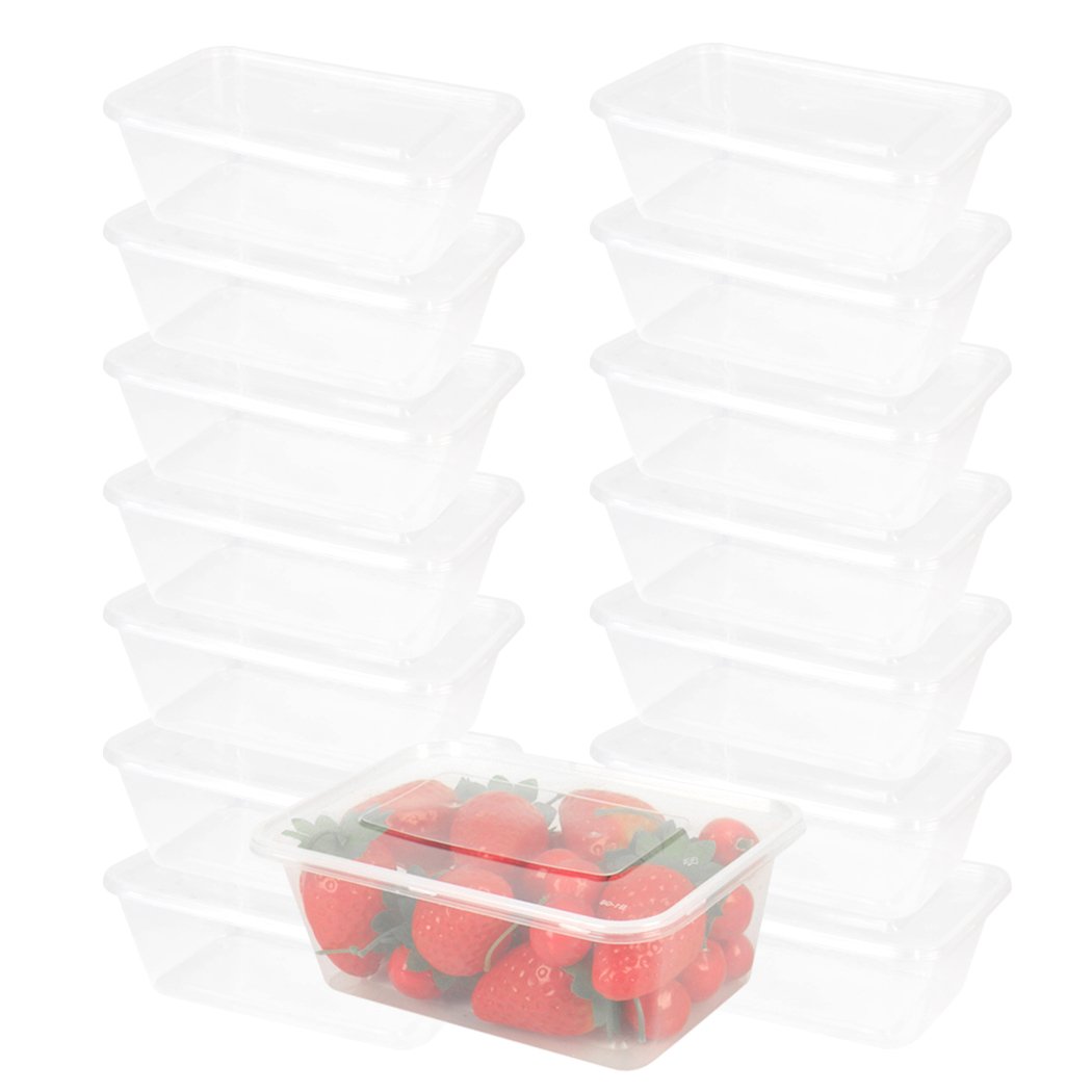 A stack of 100 Pcs 750ml Take Away Food Plastic Containers with lids, ideal for snacks and meals.