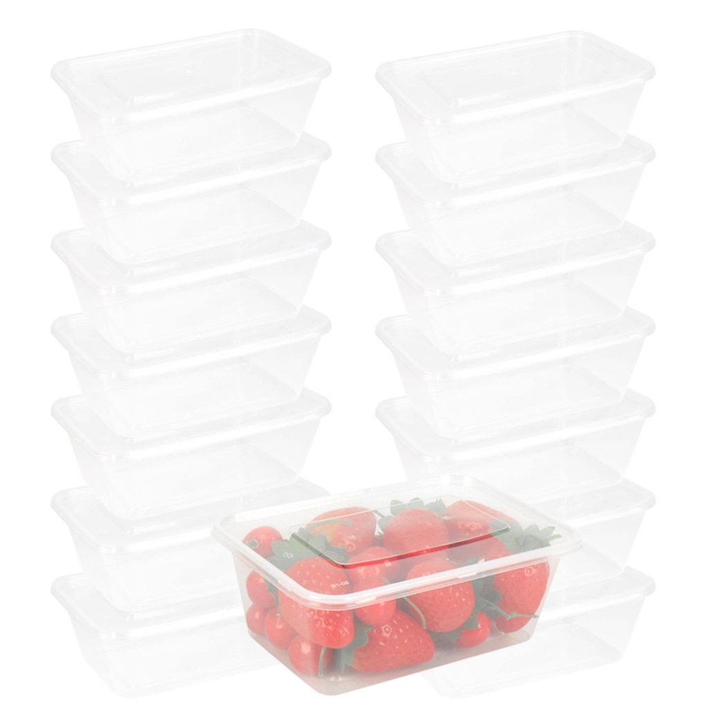 A stack of 100 Pcs 750ml Take Away Food Plastic Containers with lids, ideal for snacks and meals.