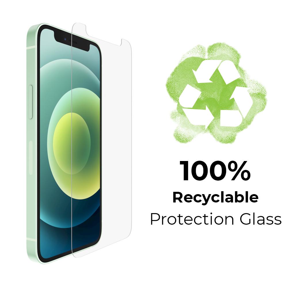 100% recyclable tempered glass screen protector for smartphones, showcasing its clarity and durability.