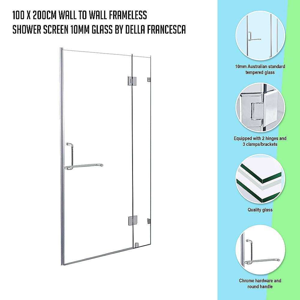 100 x 200cm frameless shower screen made of 10mm tempered glass with chrome hardware and round handle, showcasing a modern bathroom design.