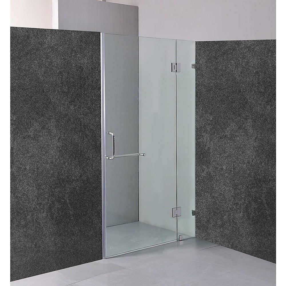 100 x 200cm frameless shower screen made of 10mm tempered glass with chrome hardware and round handle, showcasing a modern bathroom design.