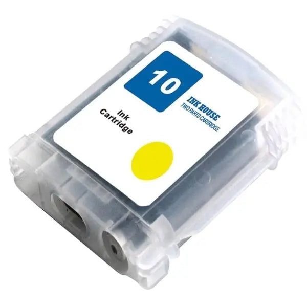 A yellow compatible inkjet cartridge designed to replace HP10, featuring a sleek design and labeled with ink capacity.